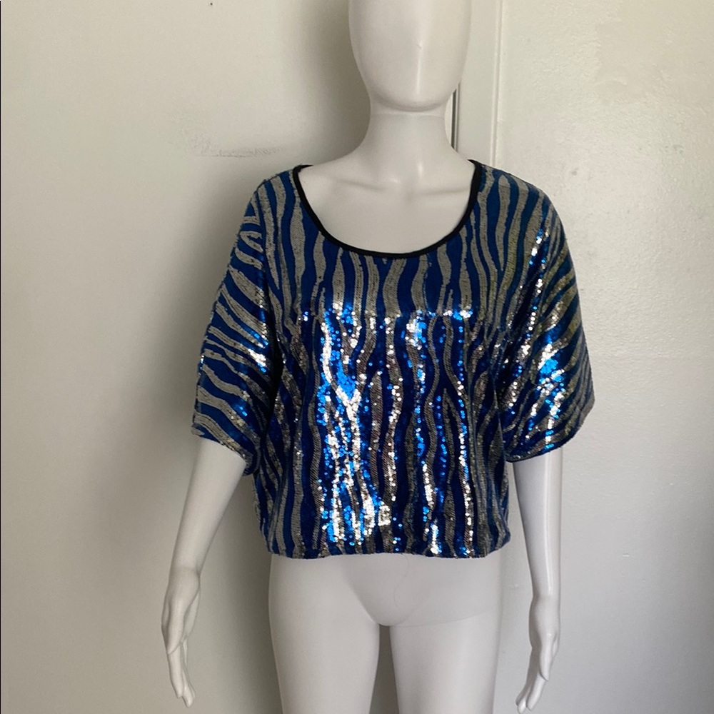 Blue Sequin Zebra Print Top